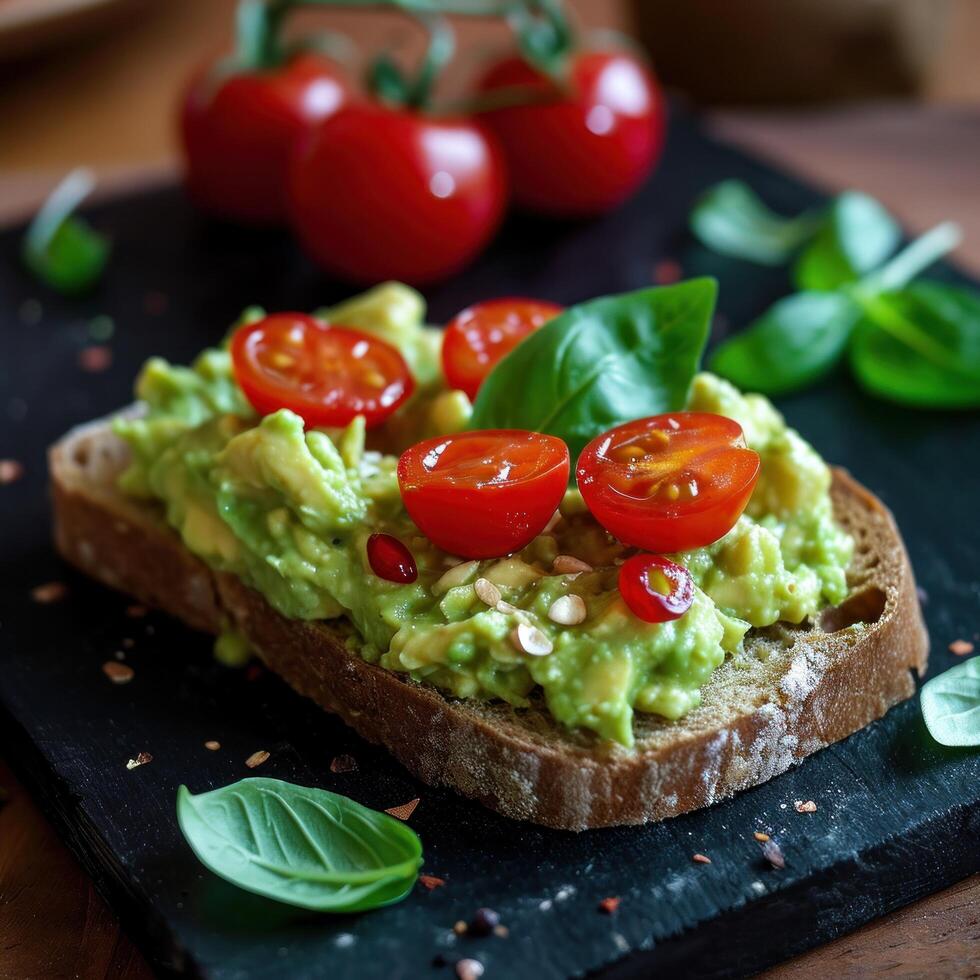 AI generated a slice of bread with mashed avocado and tomatoes and a cherry on it photo
