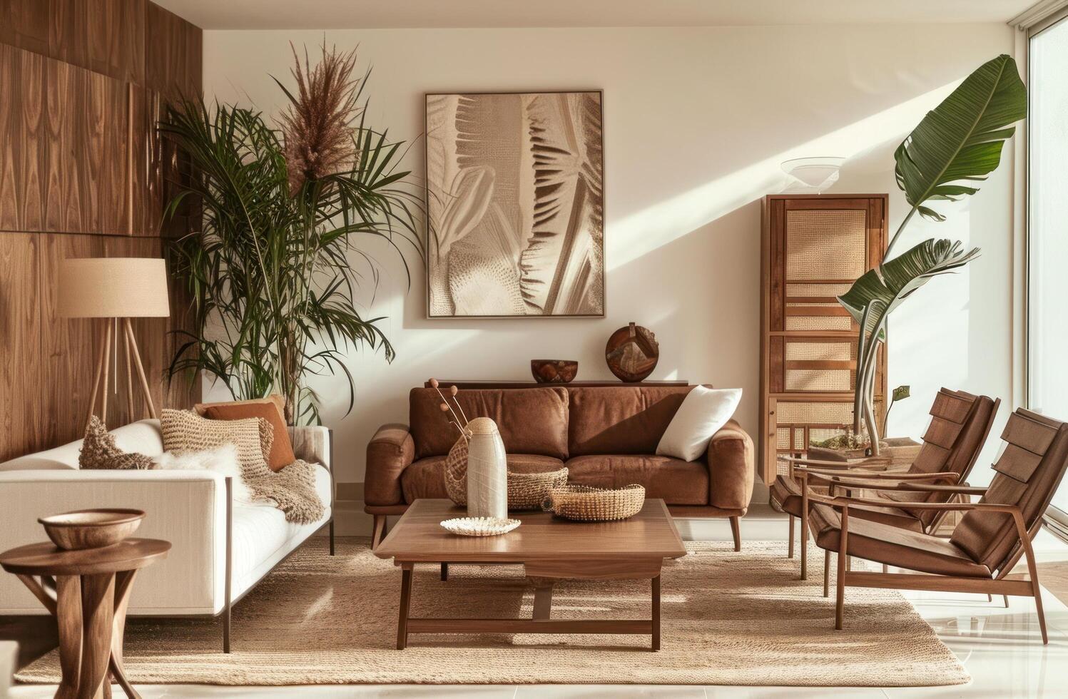 AI generated a living room with a brown and beige color scheme photo