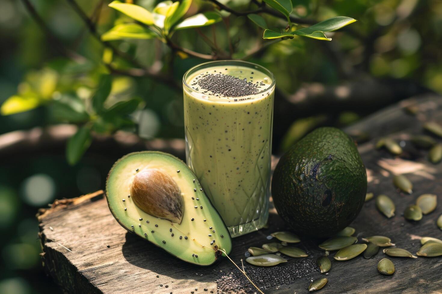 AI generated a smoothie with chia and hemp next to a small avocado photo
