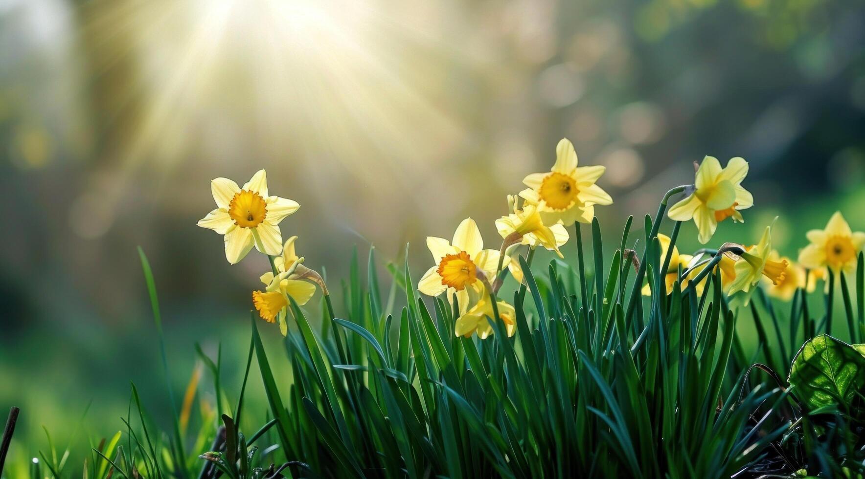 AI generated yellow and green daffodils on a background with sunlight green photo