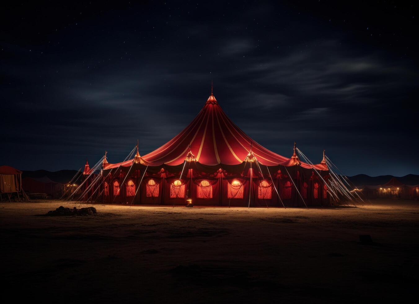 ai generado un circo tienda iluminado arriba a noche, en el Desierto foto