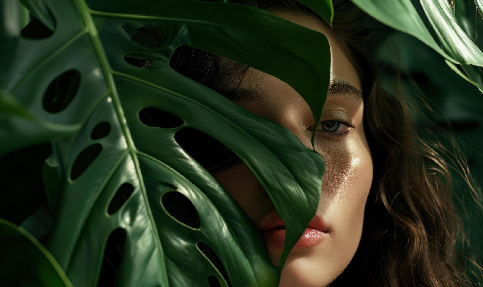 AI generated a woman is hiding behind a large green leaf with an outline photo