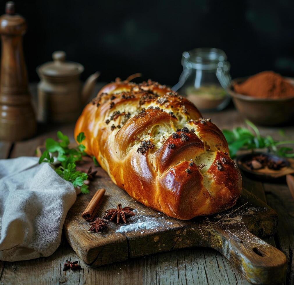 AI generated a baked loaf on a wooden board with some spices photo