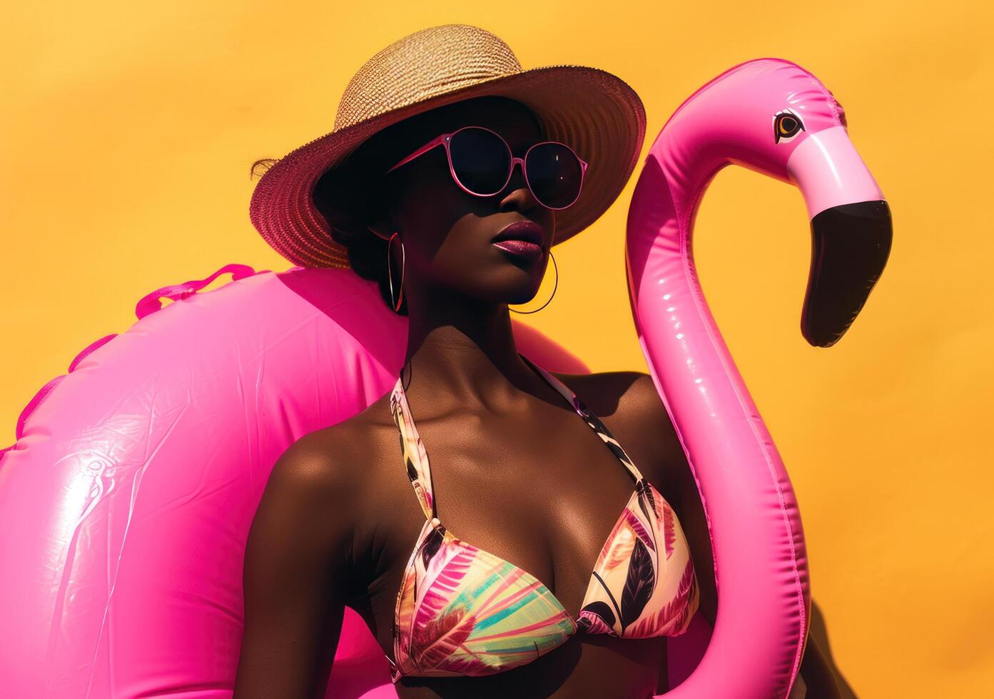 AI generated a woman with hat, sunglasses, and a pink flamingo float photo
