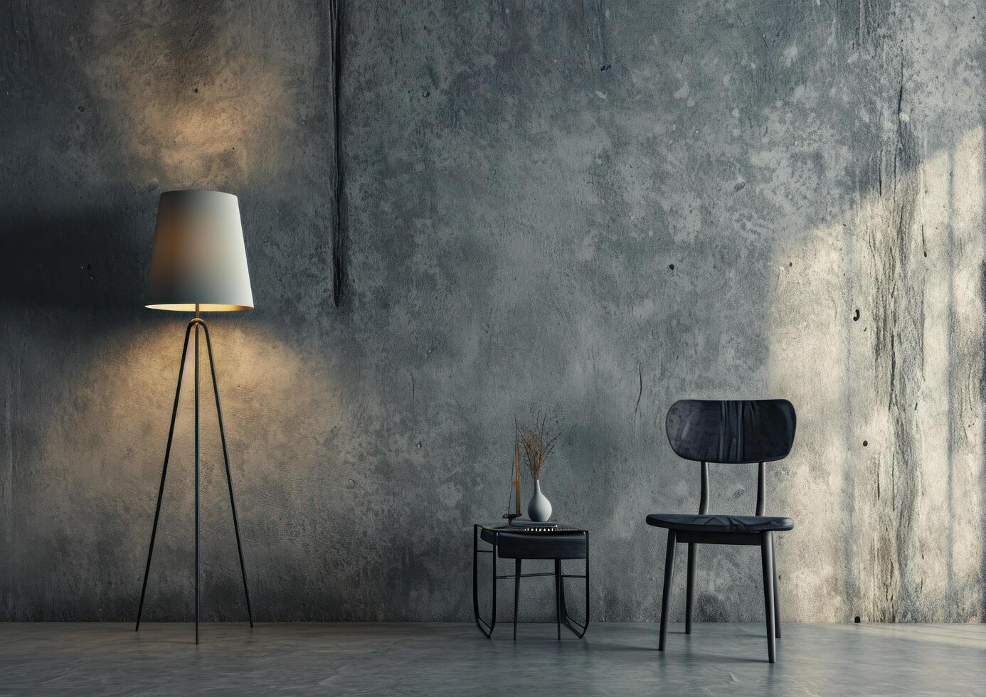 AI generated a grey wooden stool with a lamp and a chair in front of a grey wall photo
