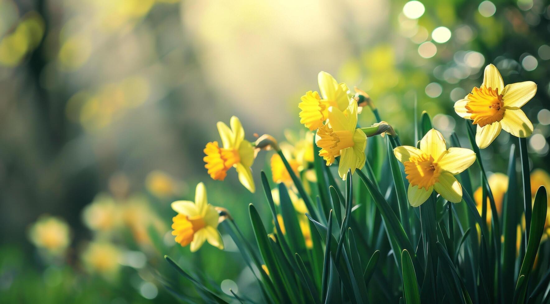 AI generated yellow and green daffodils on a background with sunlight green photo