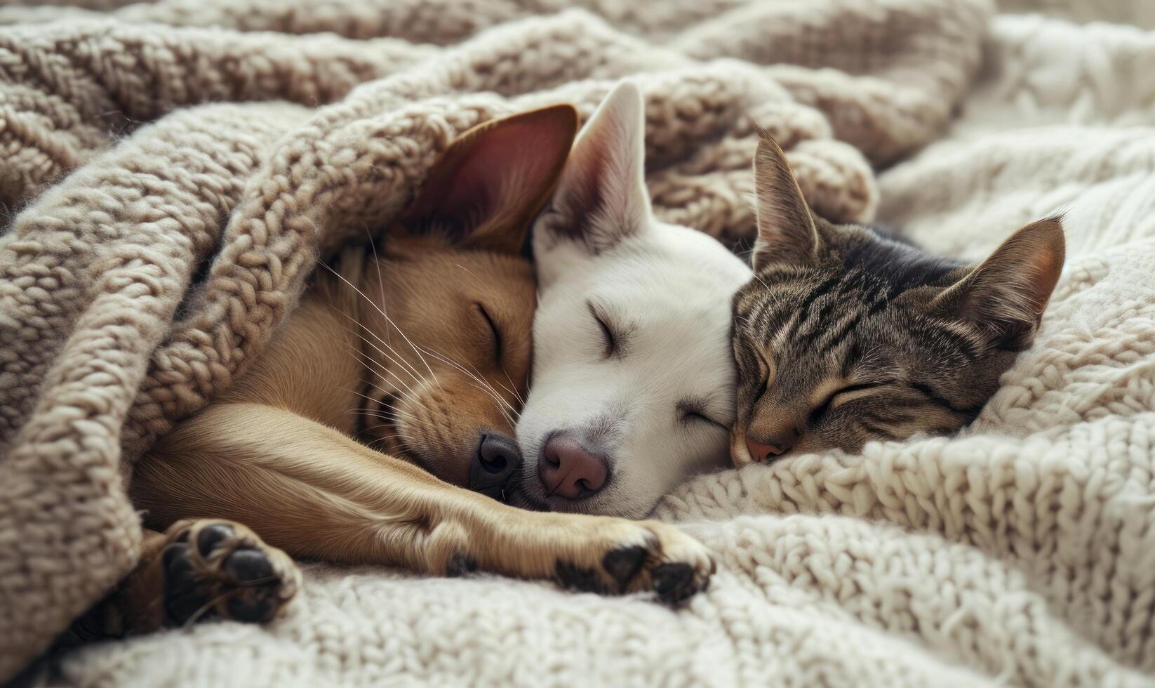 AI generated a dog and cat asleep next to each other under a blanket photo