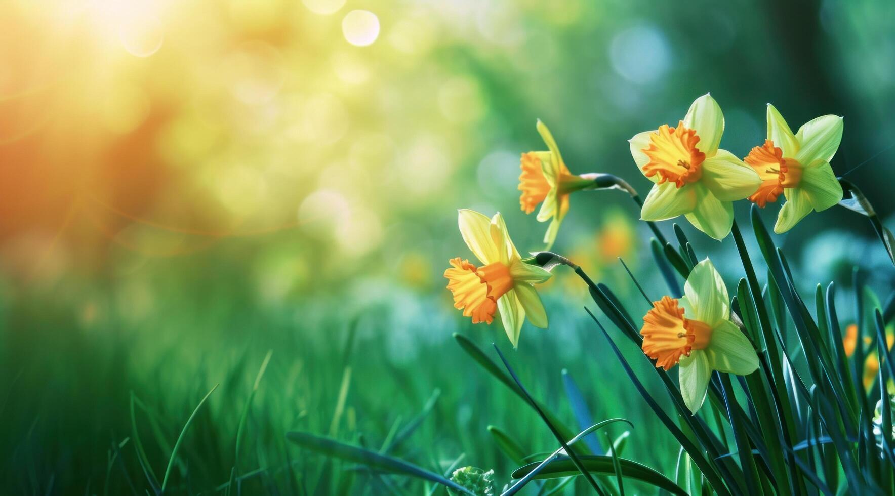 AI generated yellow and green daffodils on a background with sunlight green photo