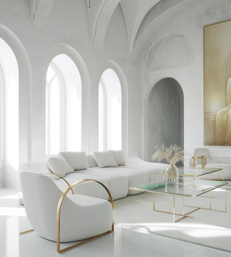 AI generated a white living room with glass and gold furniture photo