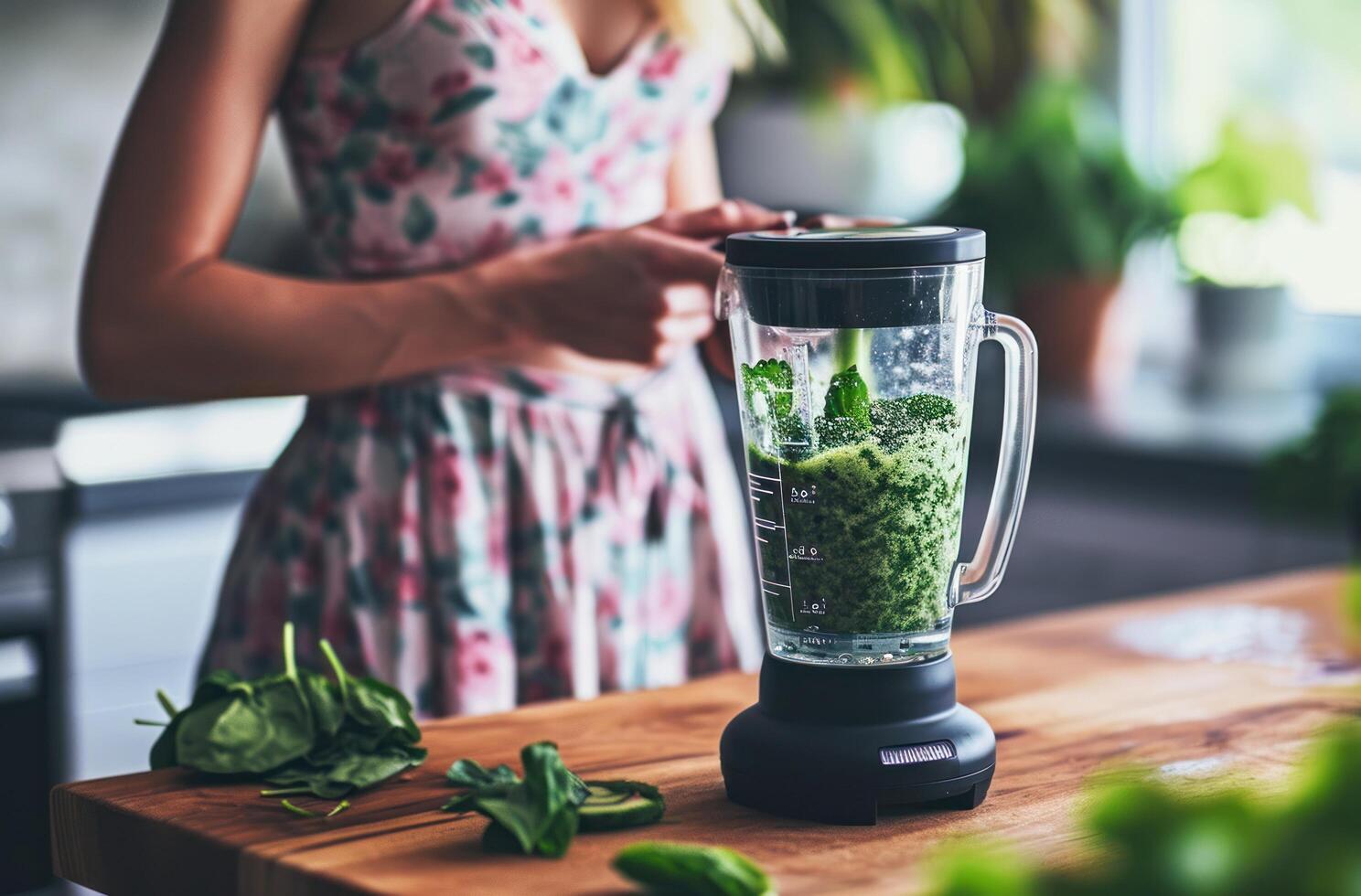 ai generado un mujer en pie en frente de un licuadora ese es mezcla verduras foto