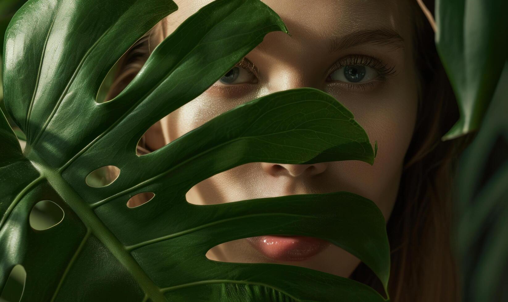 AI generated a woman is hiding behind a large green leaf with an outline photo