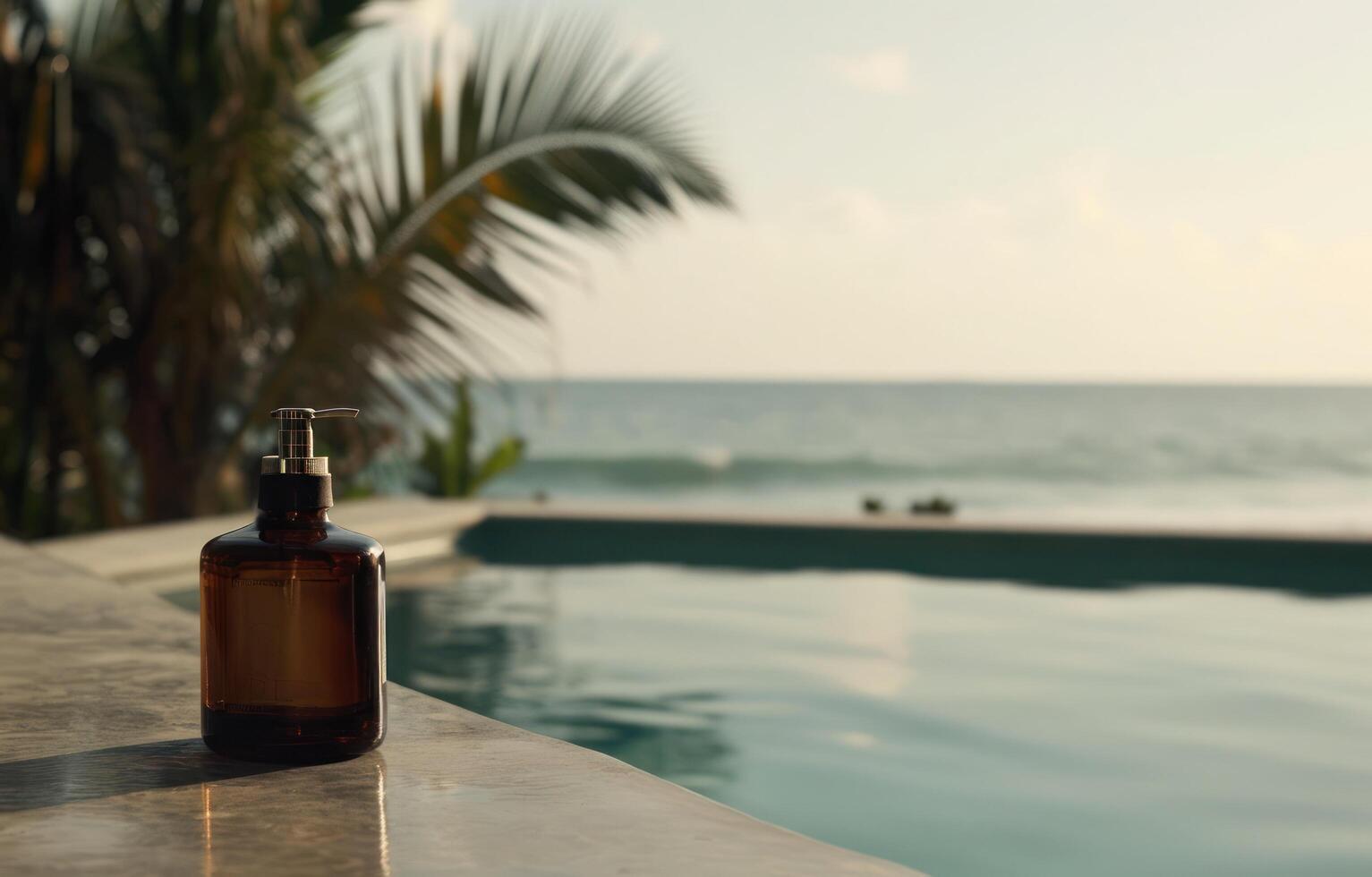 ai generado un esencia botella por un piscina cerca un playa foto