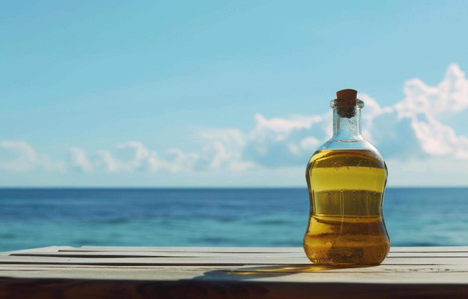 AI generated a bottle of coldpressed coconut oil sitting on a wooden table photo