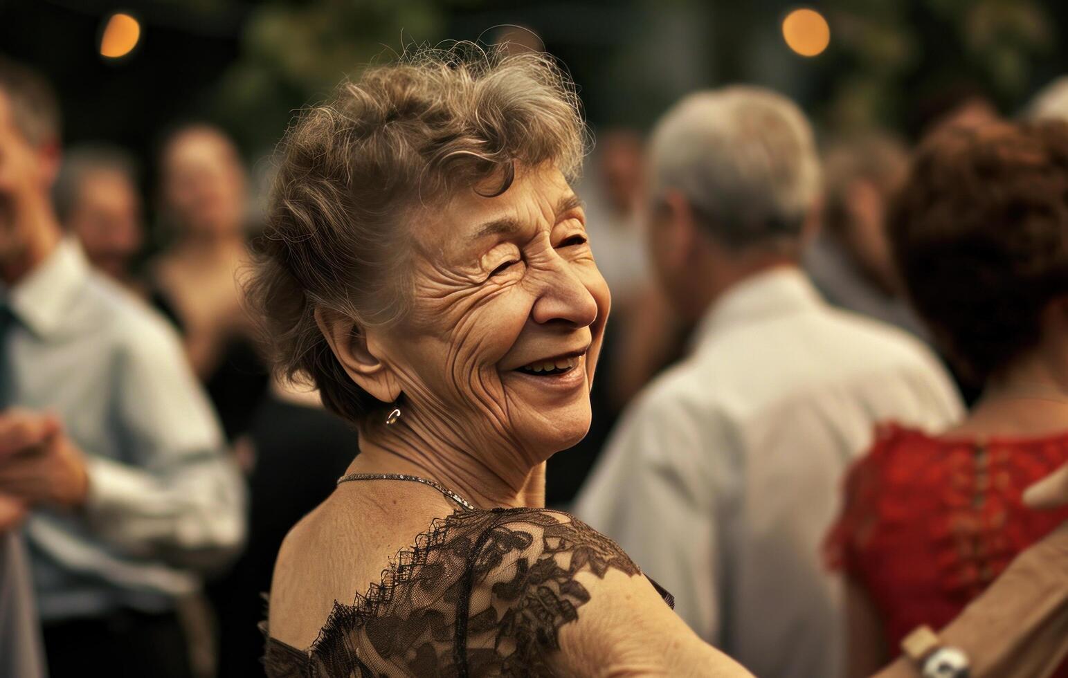 ai generado un más viejo mujer sonrisas mientras bailando juntos con otro personas foto