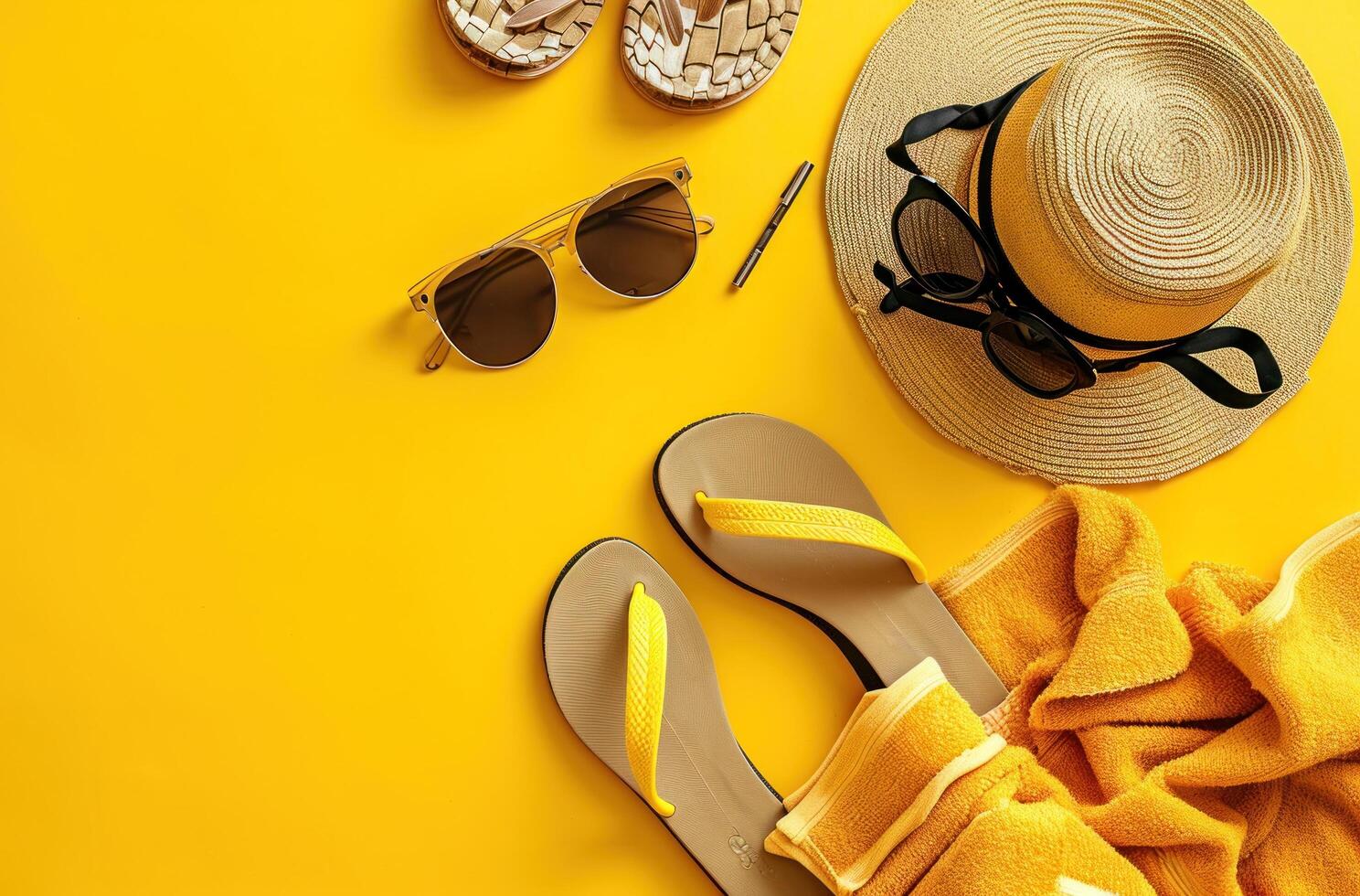 AI generated beach hat, flipflops, sunglasses, towels and umbrellas on a yellow photo