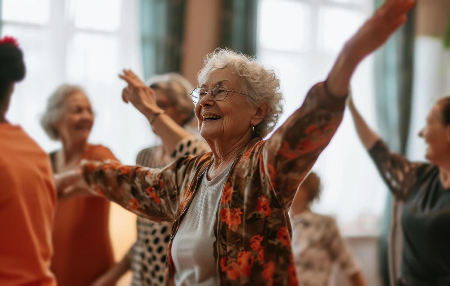 AI generated senior dance image of happy old lady dancing and dancing photo