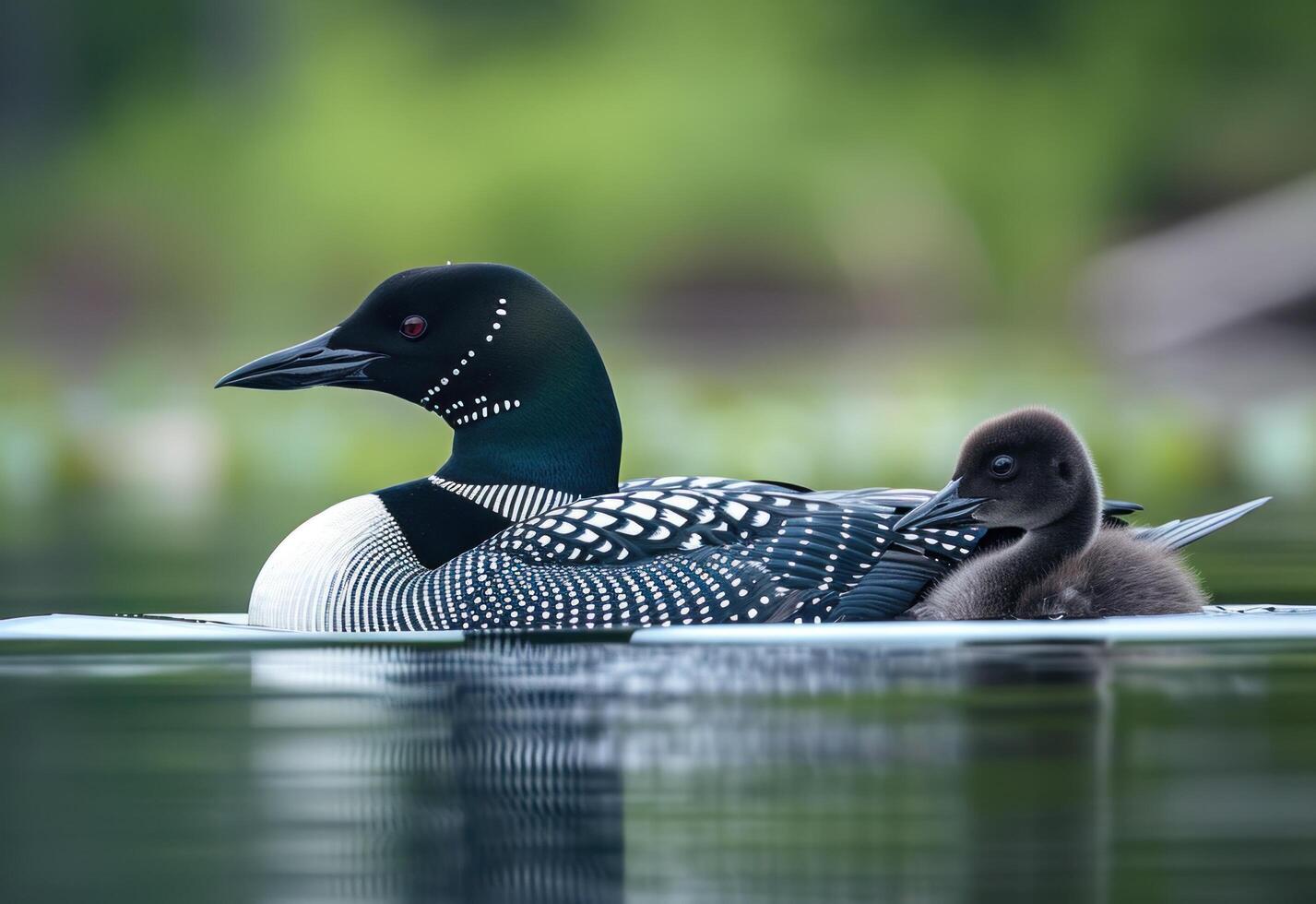 AI generated single loon with young floating on its back in the water, photo