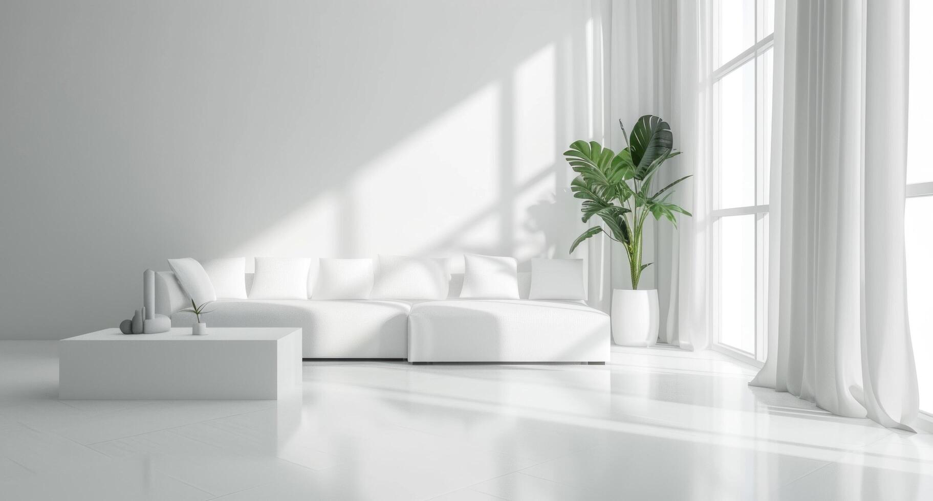 AI generated pristine white living room with plant in middle photo