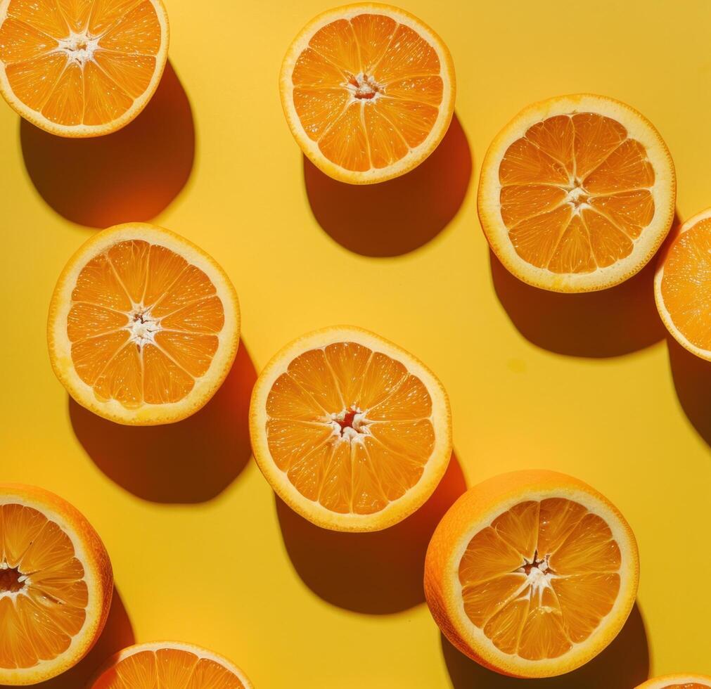 AI generated oranges on a yellow background photo