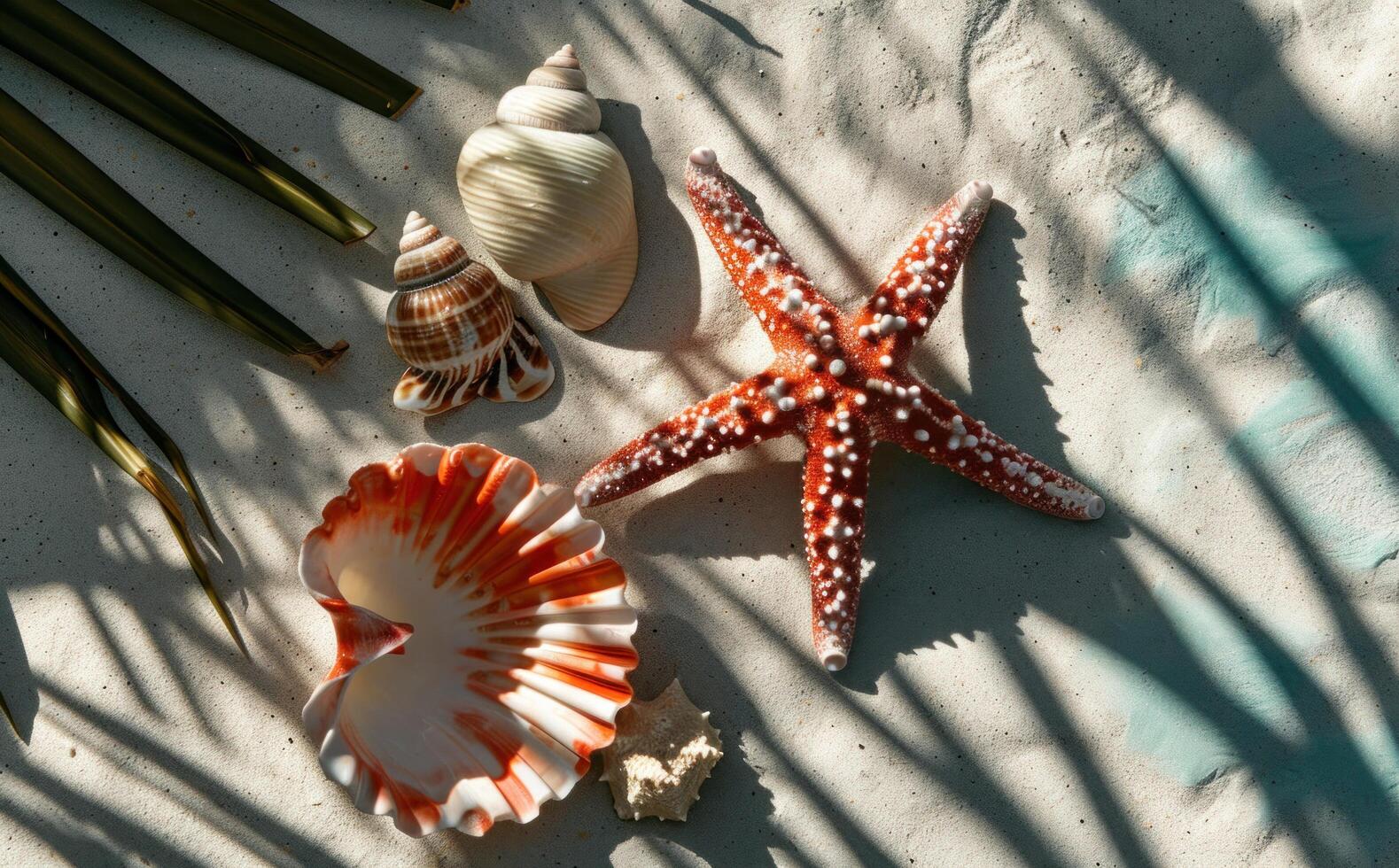 ai generado dos conchas marinas, un mar estrella, y conchas con un palma árbol foto