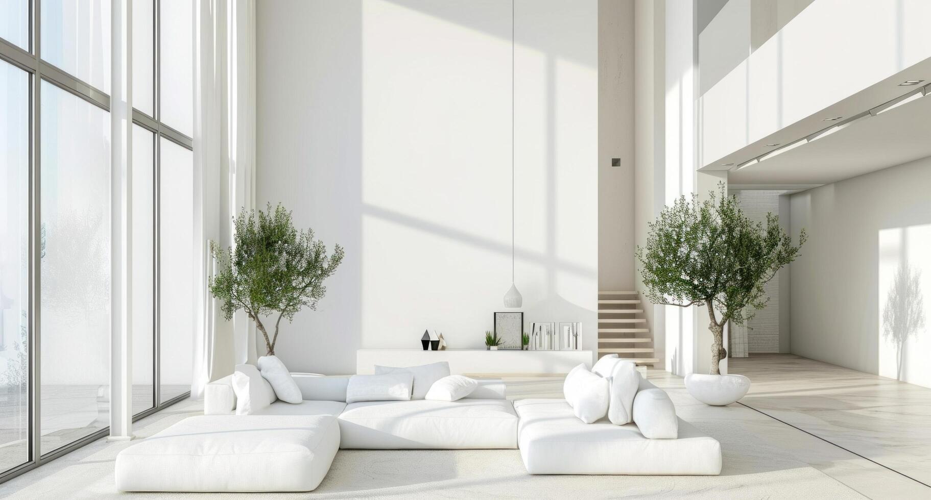 AI generated white living room with a high ceiling and small plants photo