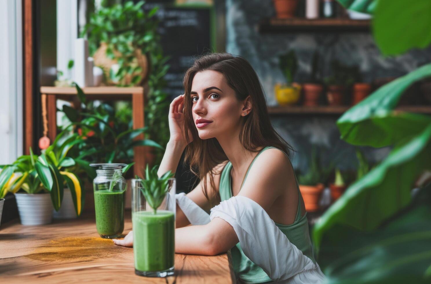 AI generated woman poses on a table with green smoothie photo