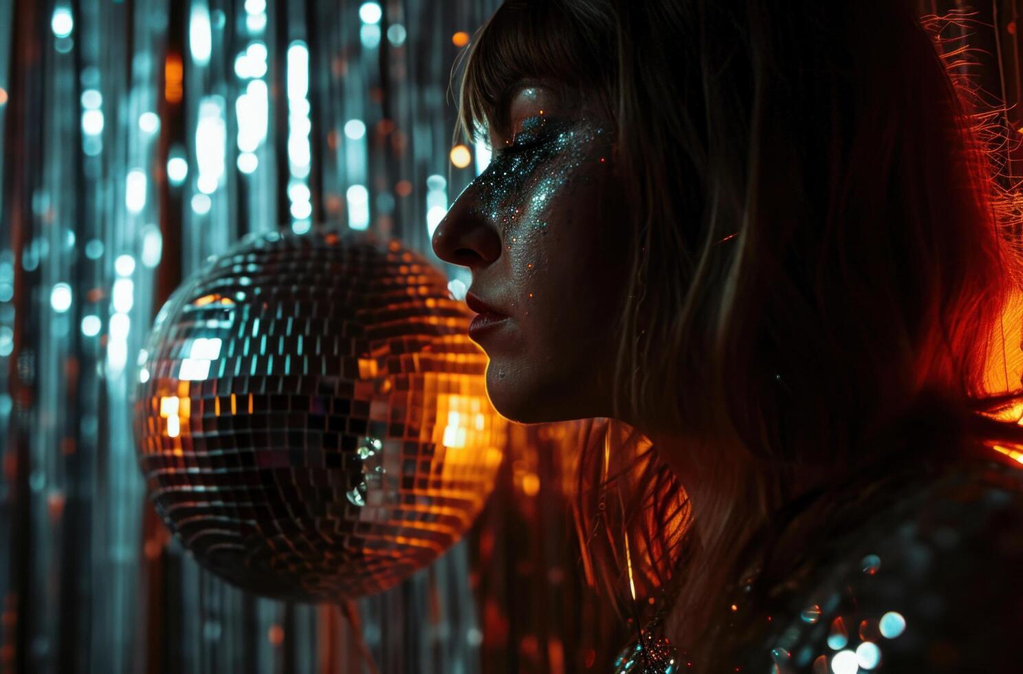 AI generated woman with disco ball next to backdrop, silver and amber photo