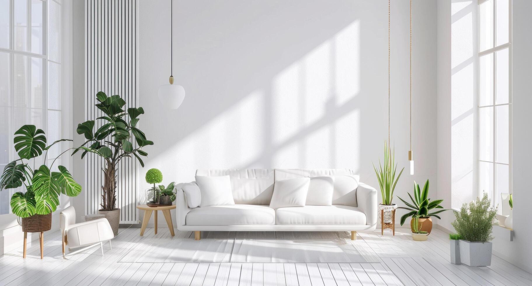 AI generated white living room with a high ceiling and small plants photo