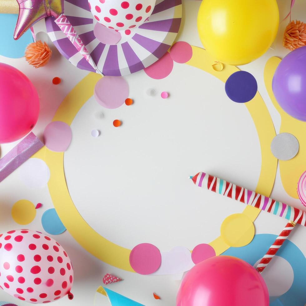 AI generated colorful balloons and party props on a background, photo