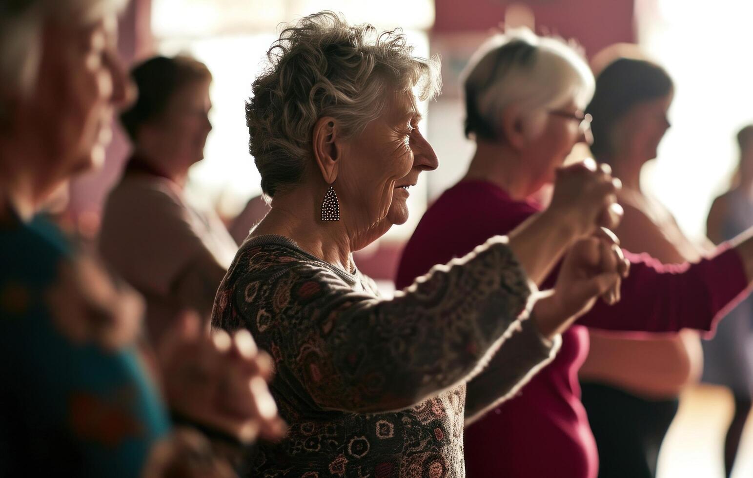 AI generated woman dancing with other women at a dance class, photo