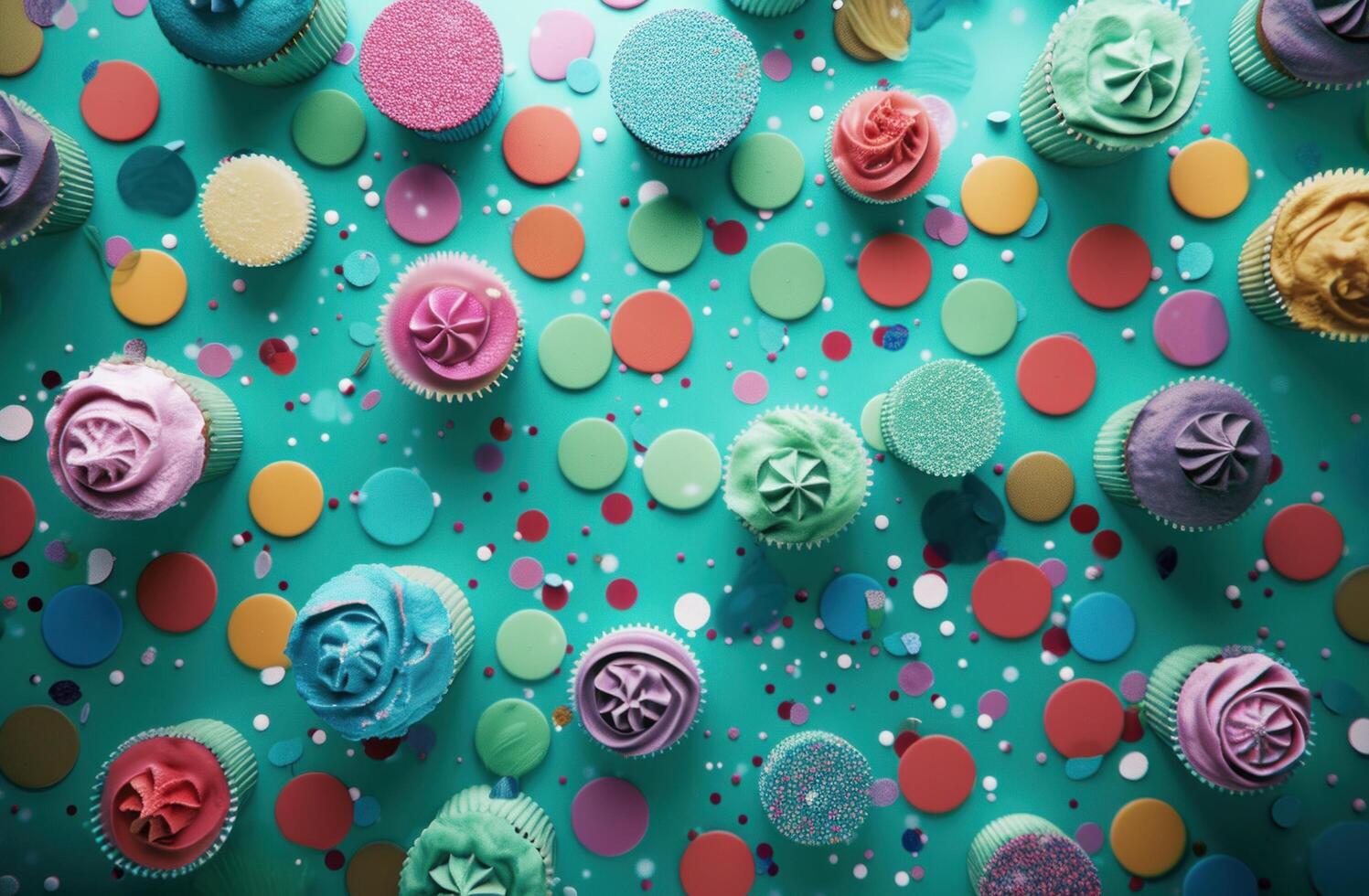 AI generated colorful circles and colorful cupcakes on background photo