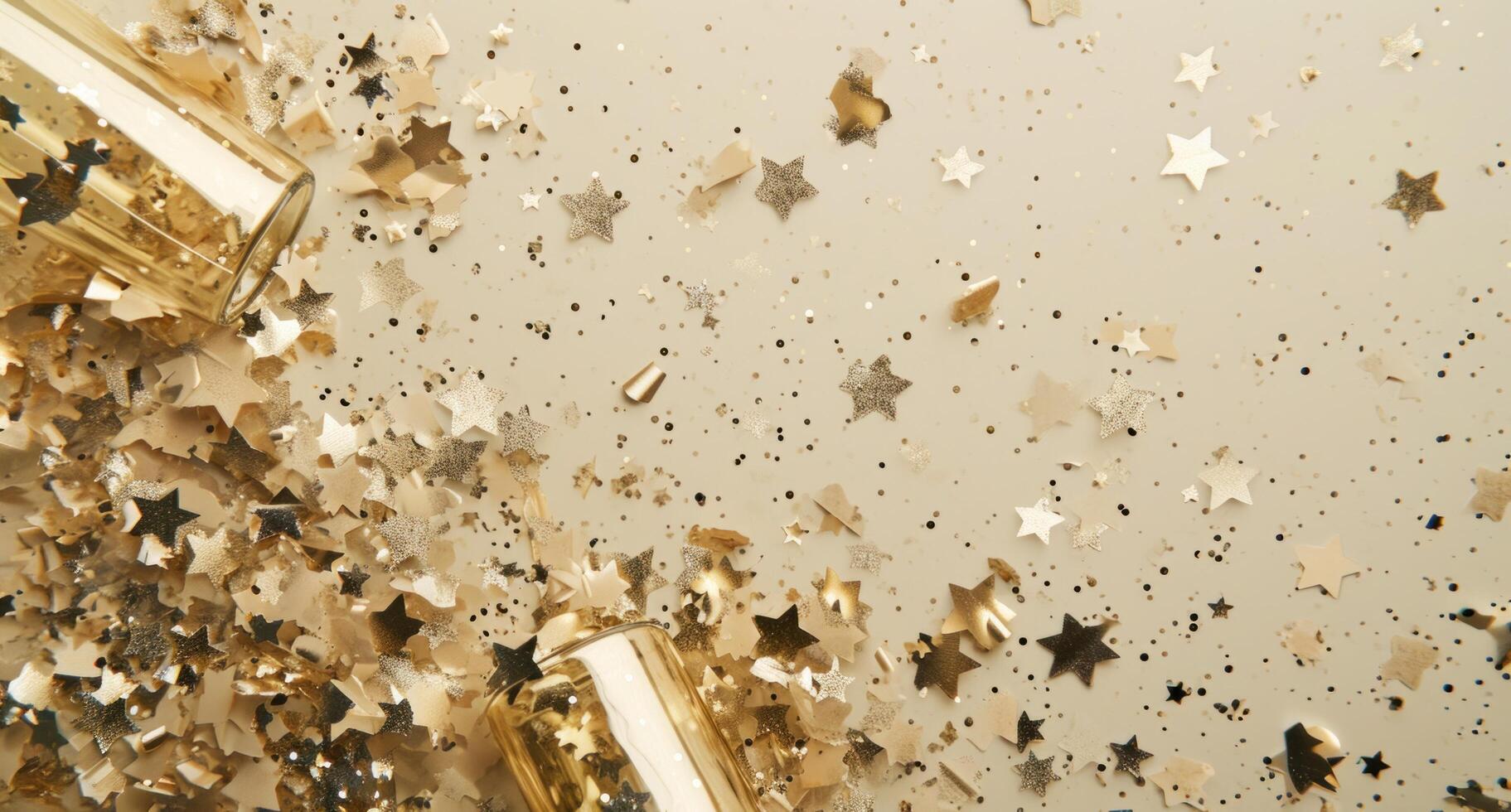 AI generated confettis, gold bottles, silver stars, and paper confetti photo