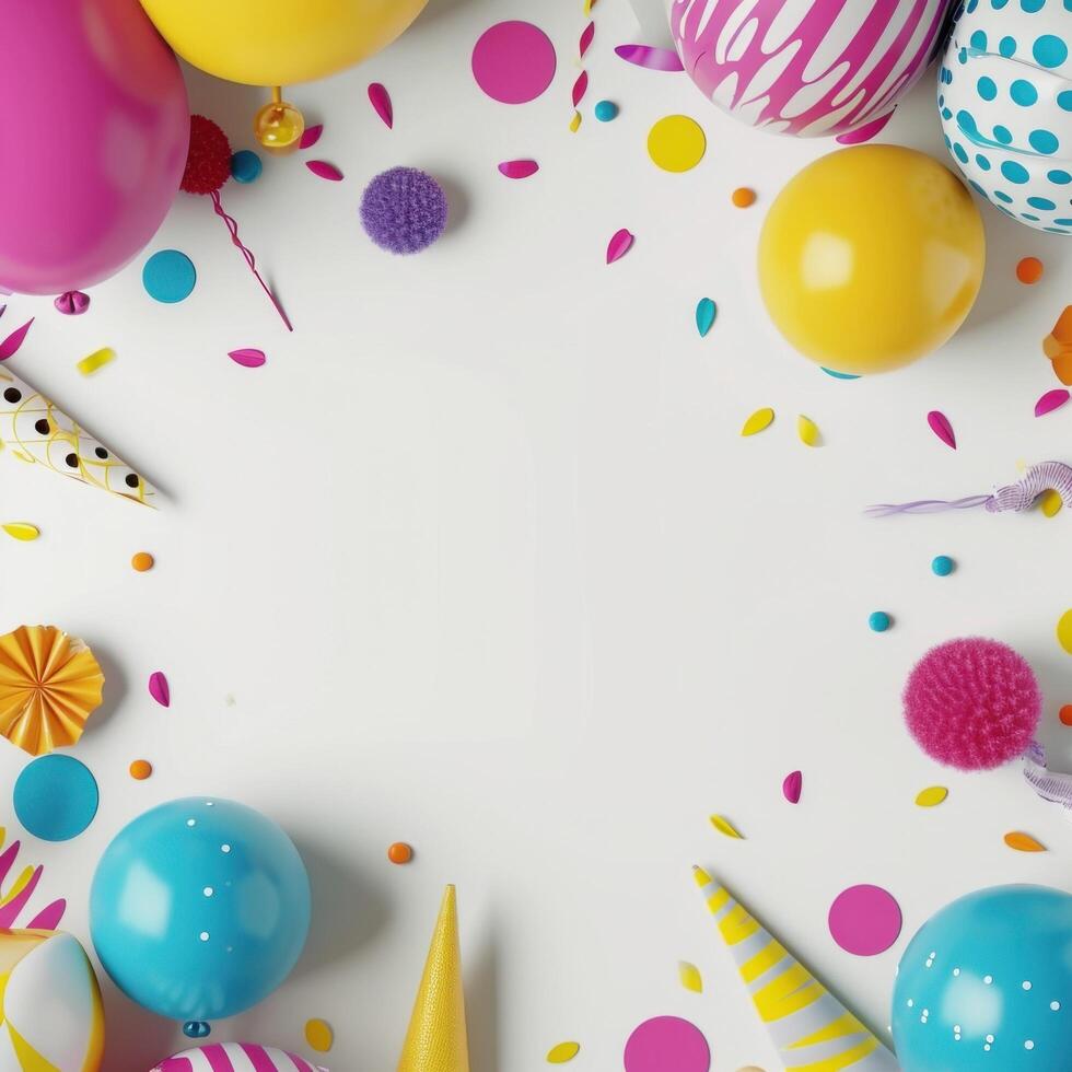 AI generated colorful balloons and party props on a background, photo