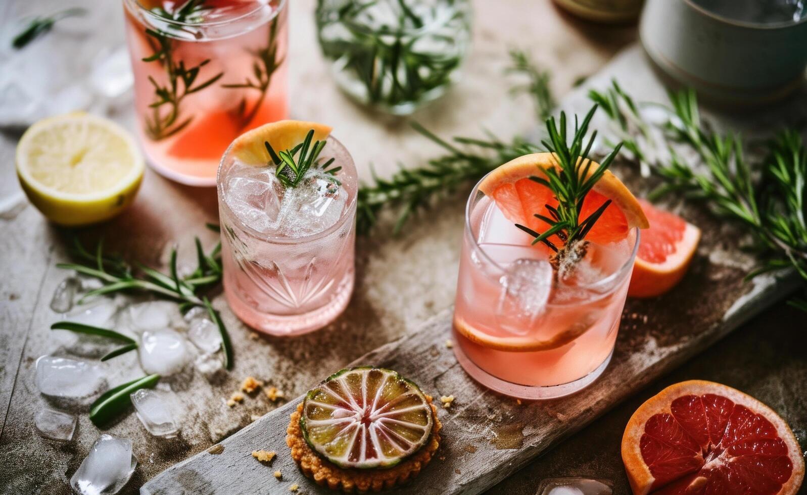 AI generated grapefruit and rosemary gin n tonic with pineapple tart photo
