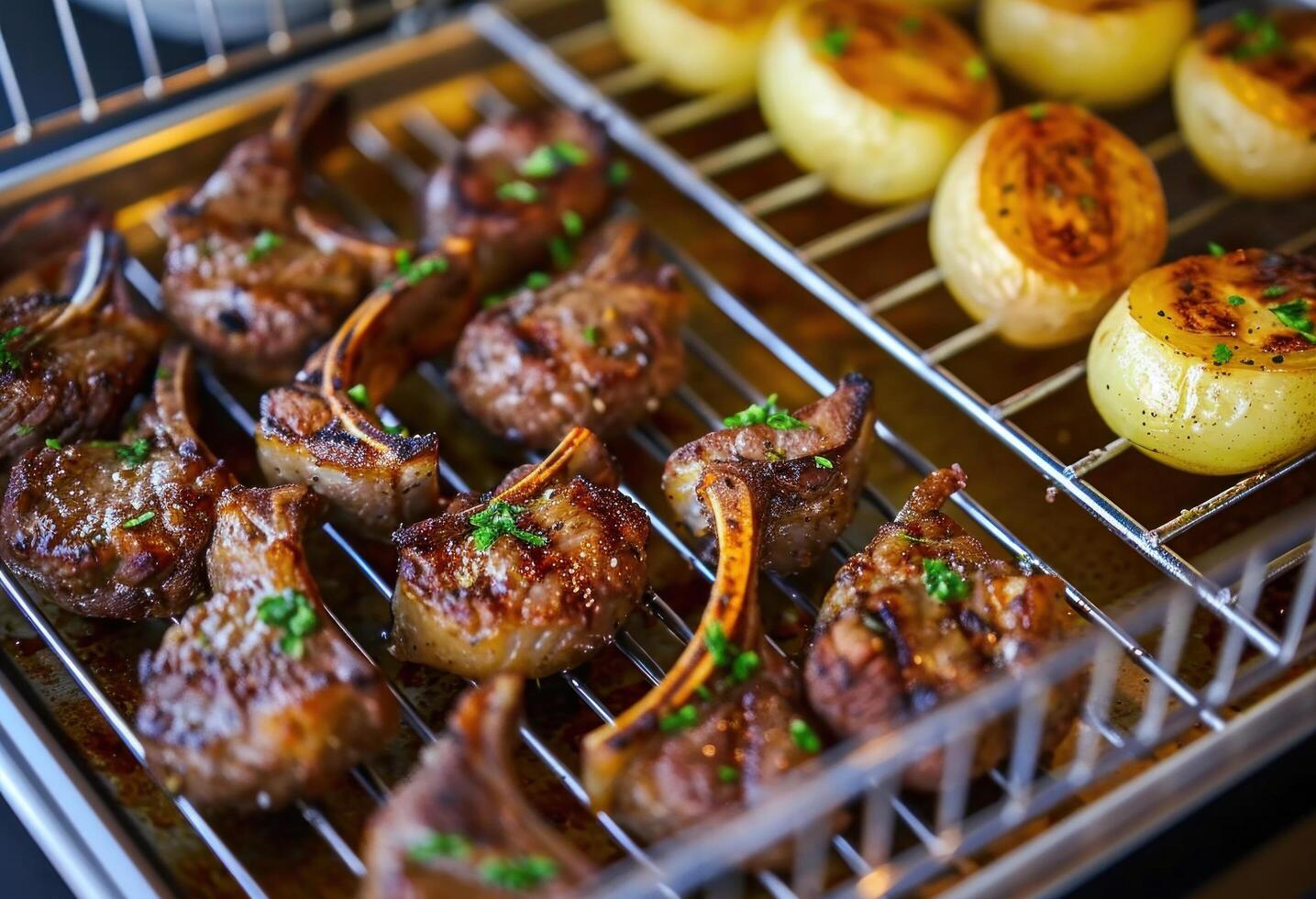 ai generado A la parrilla Cordero y Cordero empanadas en un parrilla estante foto