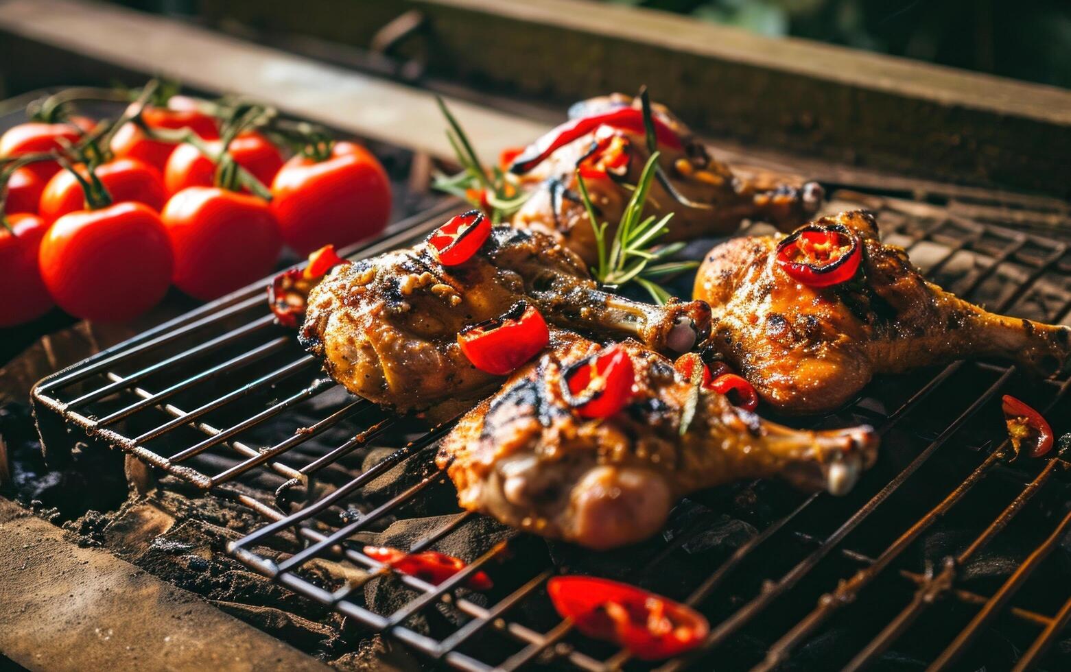 AI generated grilled chicken sitting on grill with tomatoes and red peppers photo