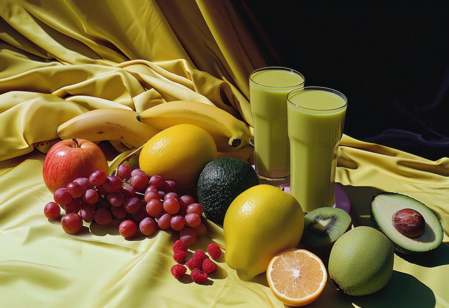 AI generated fresh smoothies and fruits sitting on a table photo