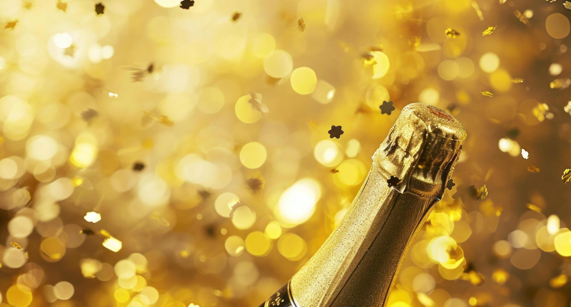 AI generated golden background with a bottle of champagne and confetti photo