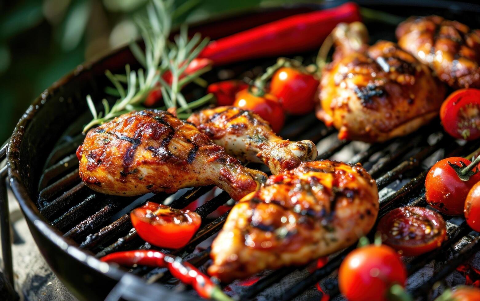 AI generated grilled chicken sitting on grill with tomatoes and red peppers photo