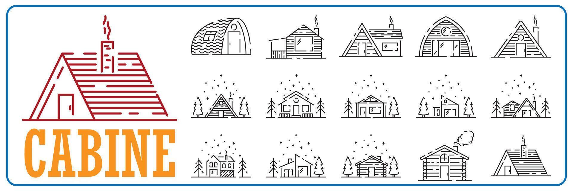 Iniciar sesión cabina vector línea icono colocar. invierno, primavera o otoño de madera casa y cámping.