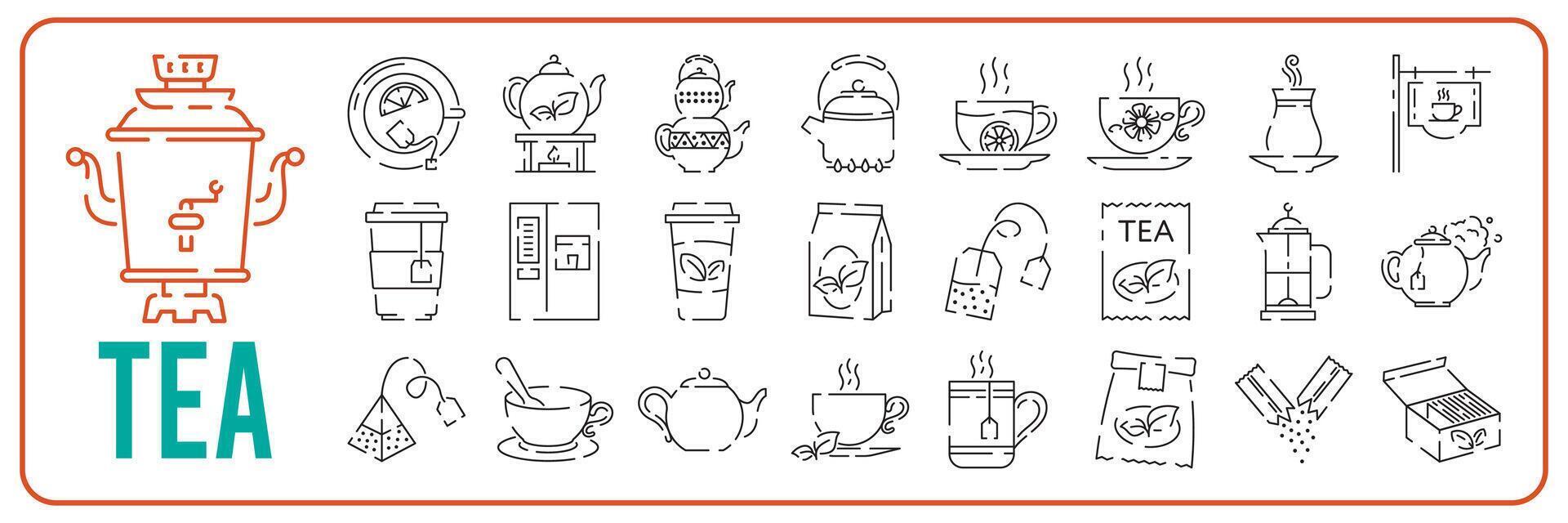 taza para té línea icono icono colocar. tetera o Samovar plano icono. Delgado línea señales para diseño logo, visitar tarjeta. símbolo para web diseño o móvil aplicación taza contorno pictograma. vector