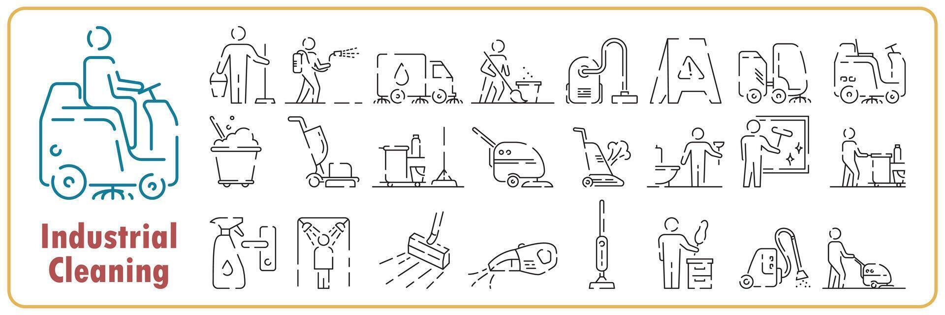 Industrial cleaning line icon set. Carpet cleaning. Detergent. Best quality cleaning. Special stain remover. Industrial vacuum. Vector Thin Line Icon. Simple Minimal.