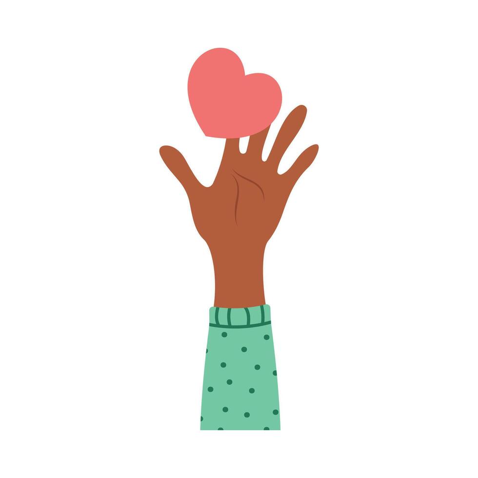 Heart holding by diverse hands. Vector illustration concept for sharing love, helping others, charity supported by global community.