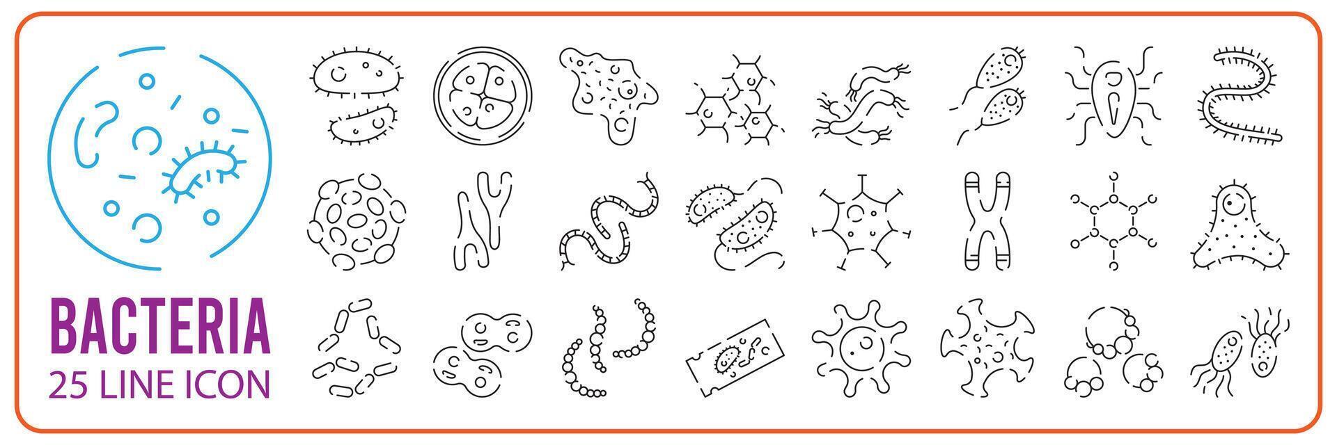 bacterias, probiótico y virus línea icono colocar. microbio, germen, celúla, caviar, petri plato, inmune sistema, médico pastillas o laboratorio matraz y más. vector