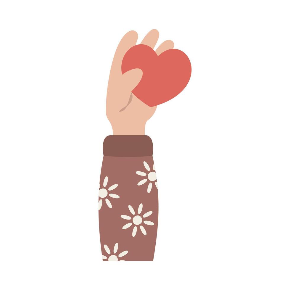 Heart holding by diverse hands. Vector illustration concept for sharing love, helping others, charity supported by global community.