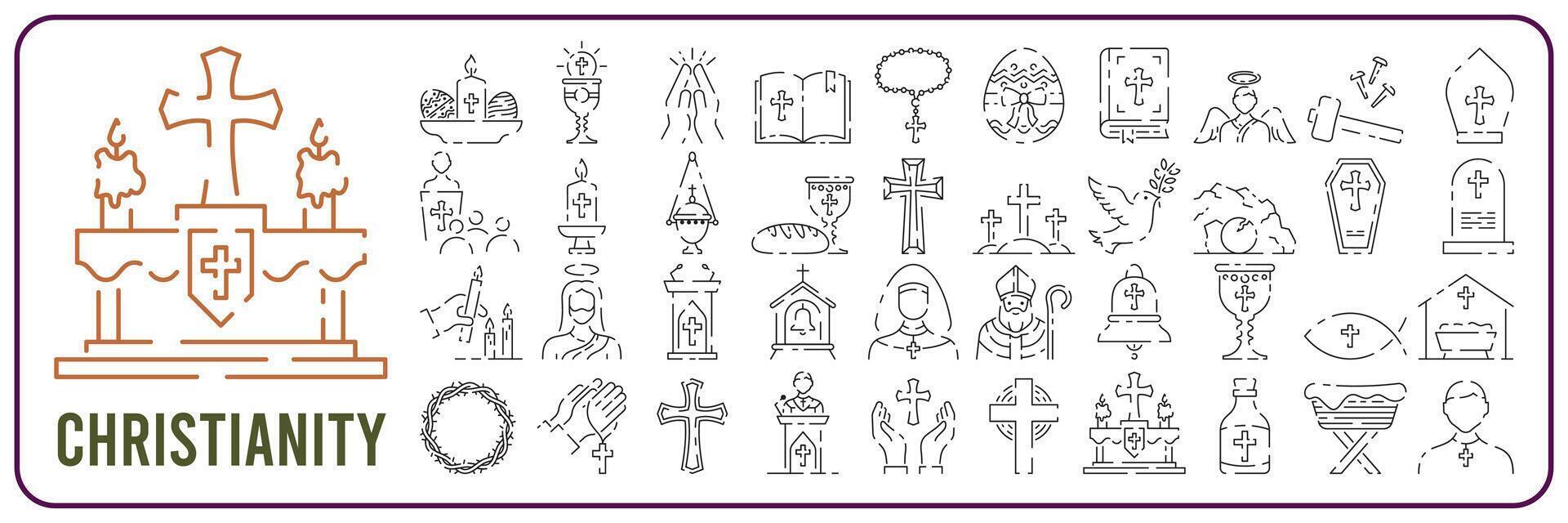 Christianity line icon set. Vector religion related icons. Bible, church and cross or Jesus.