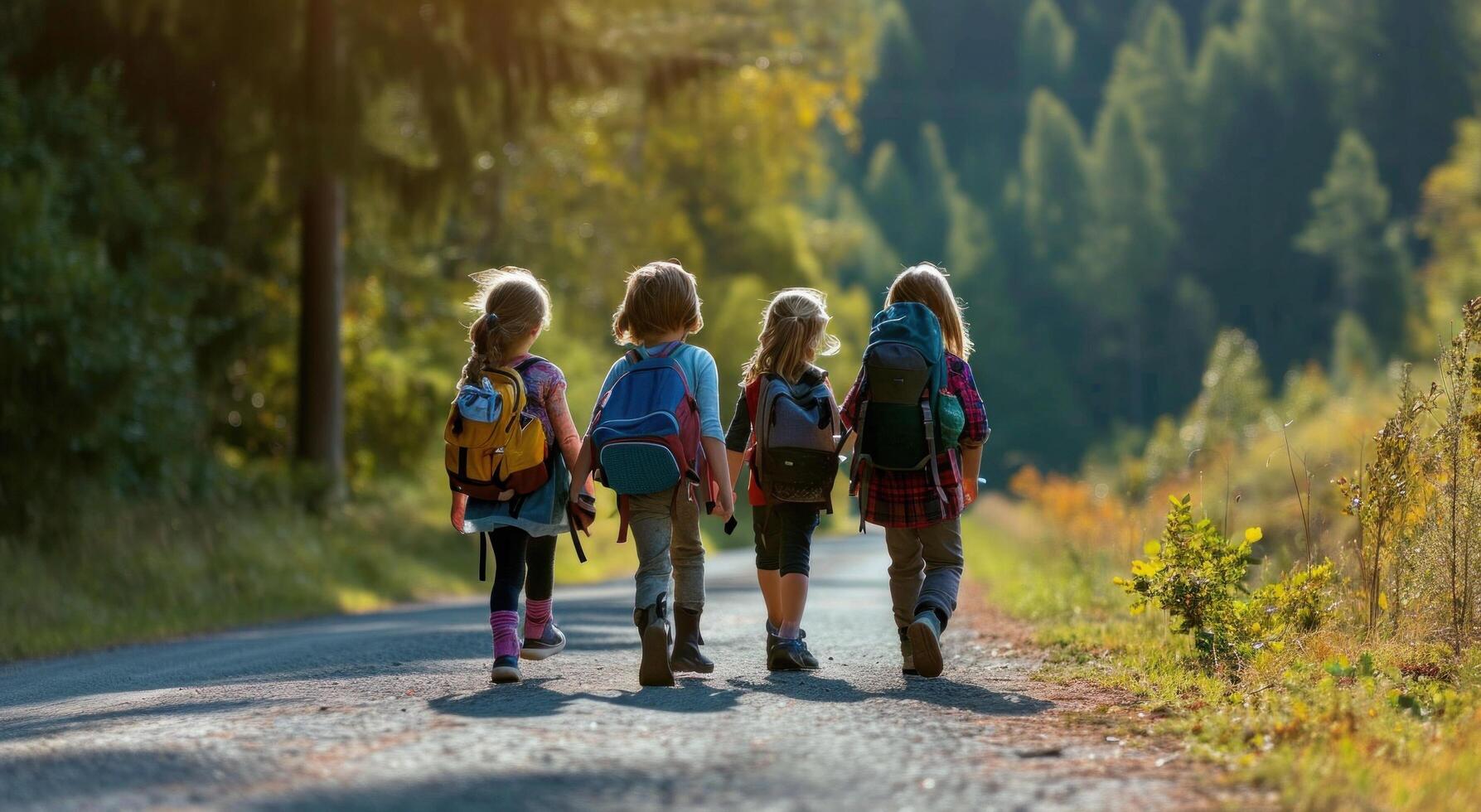 AI generated kids are walking down road with their backpacks photo
