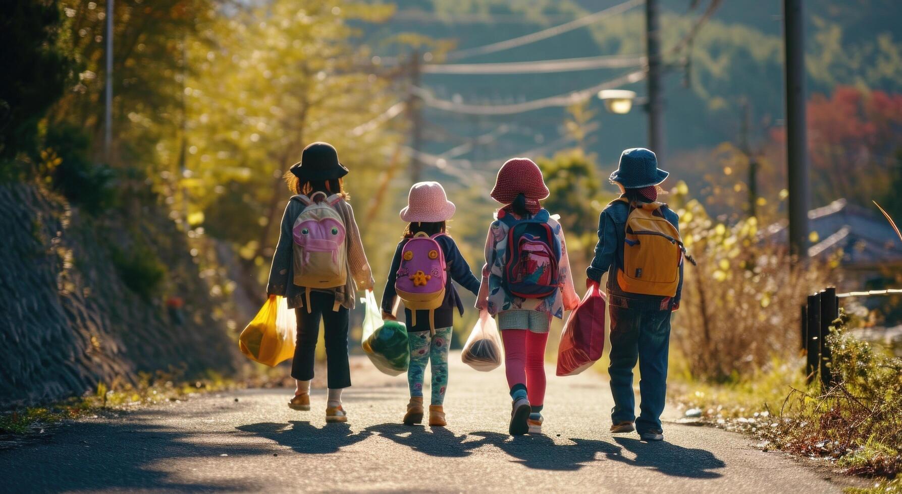 ai generado niños son caminando abajo la carretera con su mochilas foto