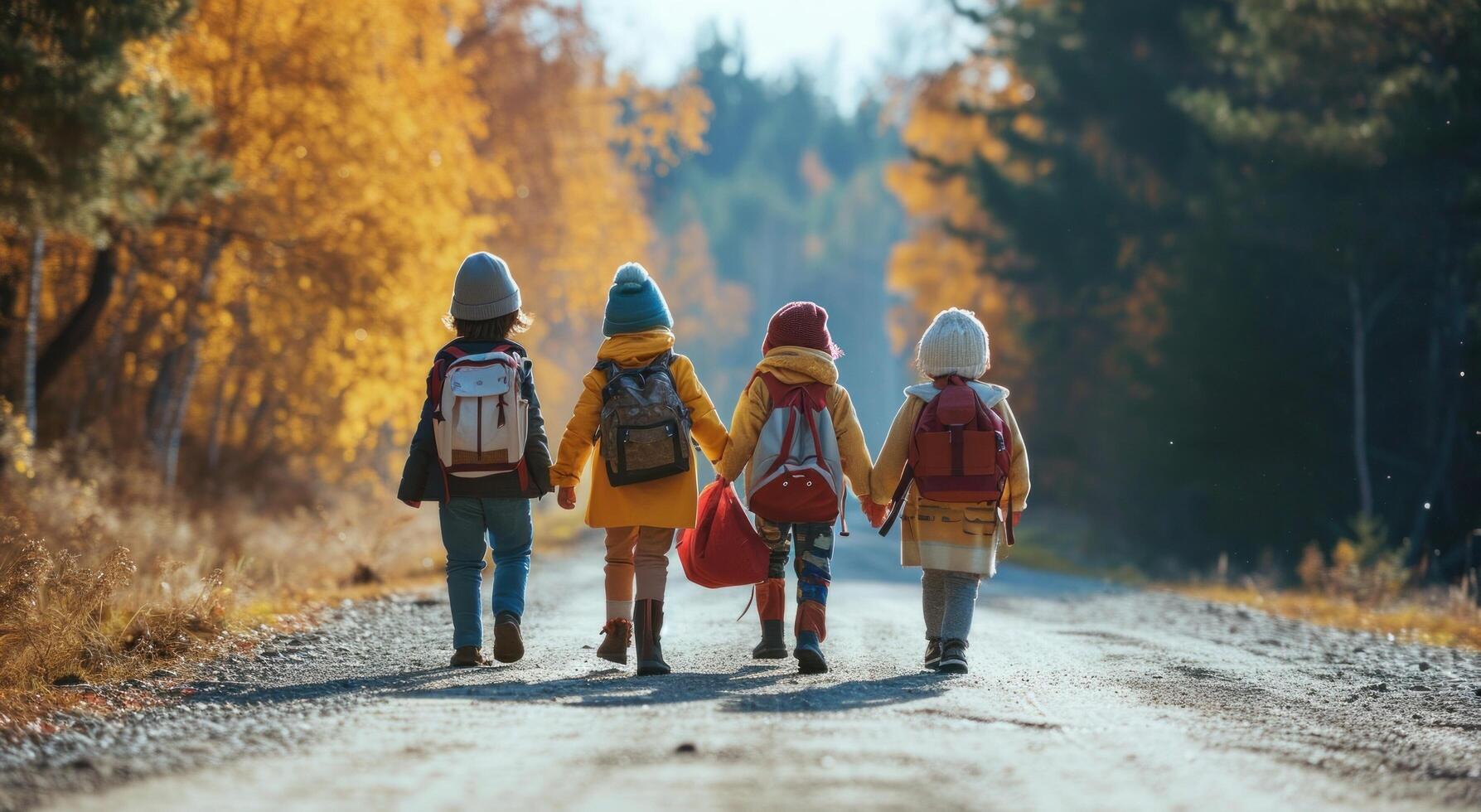 ai generado niños son caminando abajo la carretera con su mochilas foto