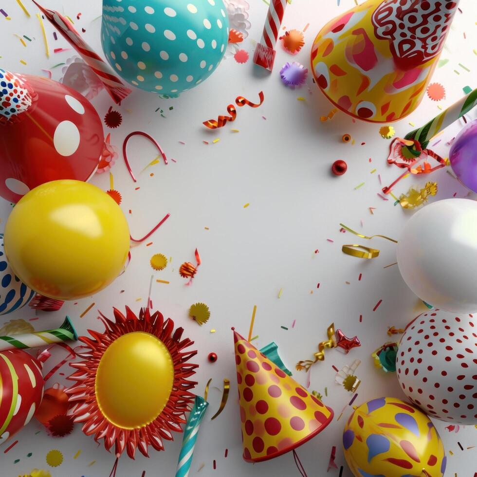 AI generated colorful balloons and party props on a background, photo